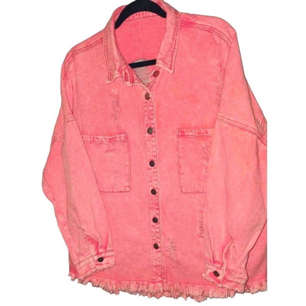 Vintage Pink Distressed Denim Jacket With Frayed Hem & Button Front Large